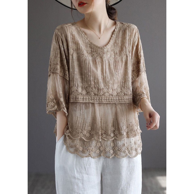 Art Khaki Embroidered Lace Patchwork Linen Blouses Half Sleeve