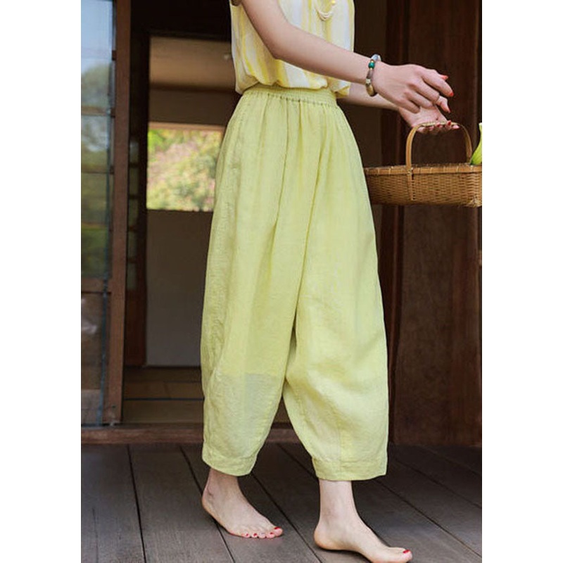 Art Light Green Elastic Waist Oversized Pockets Linen Harem Pants Summer
