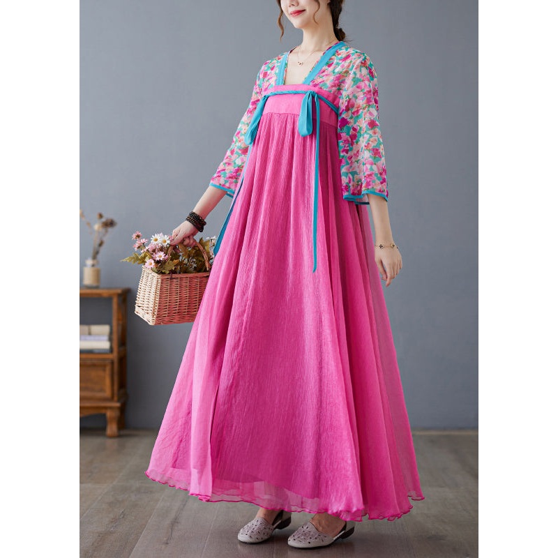 Art Rose V Neck Patchwork Exra Large Hem Cotton Long Dress Bracelet Sleeve