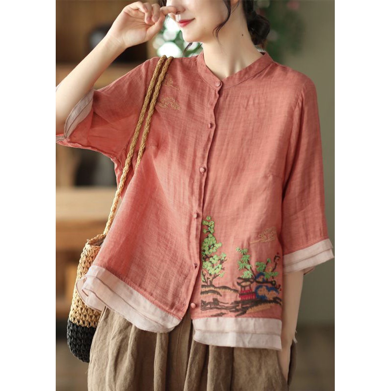 Art Rubber Red Embroidered Patchwork Linen Shirt Tops Summer