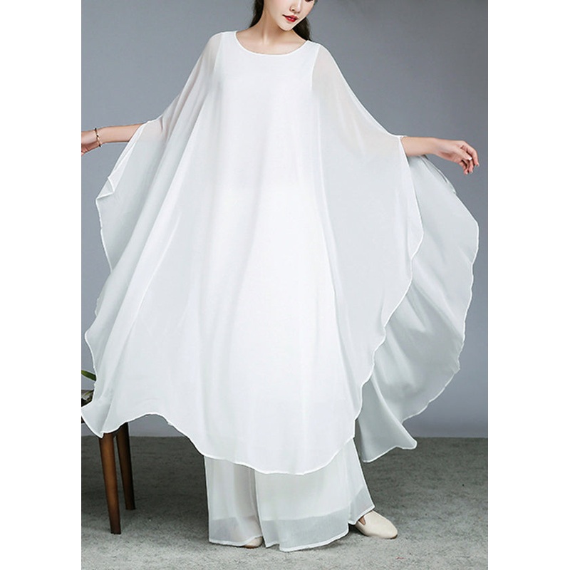 Art White Oversized Asymmetrical Design Chiffon Two Pieces Set Summer