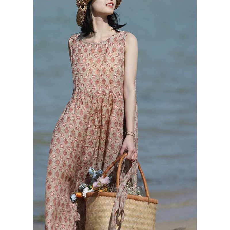 Beautiful Khaki O-Neck Print Linen Beach Dresses Sleeveless