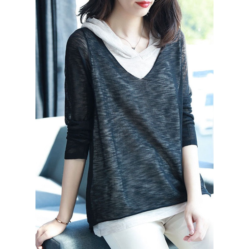 Black False Two Pieces Patchwork Knit Tops Hooded Short Sleeve