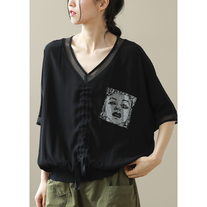 Black Print Chiffon Shirt Top V Neck Drawstring Batwing Sleeve