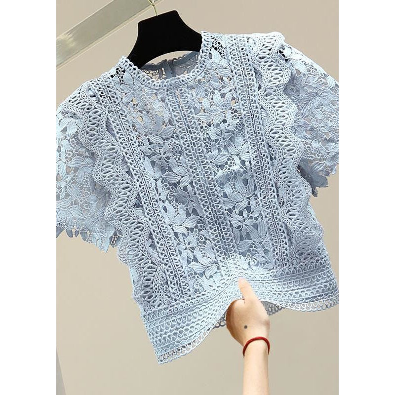 Blue Patchwork Lace Blouse Top O Neck Summer