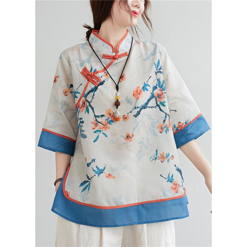 Blue Patchwork Linen Blouses Stand Collar Oriental Button Summer