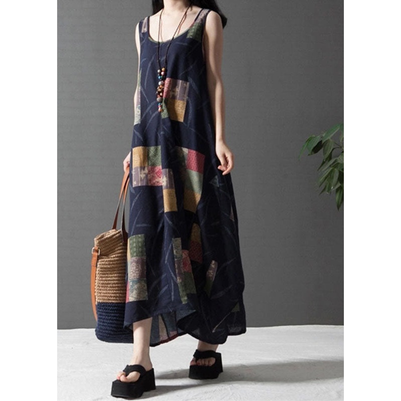 Bohemian Black Print Cotton Vacation Dresses Sleeveless