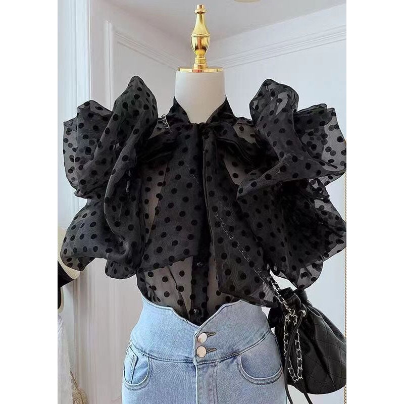 Bohemian Black Ruffled Bow Patchwork Tulle Shirts Summer