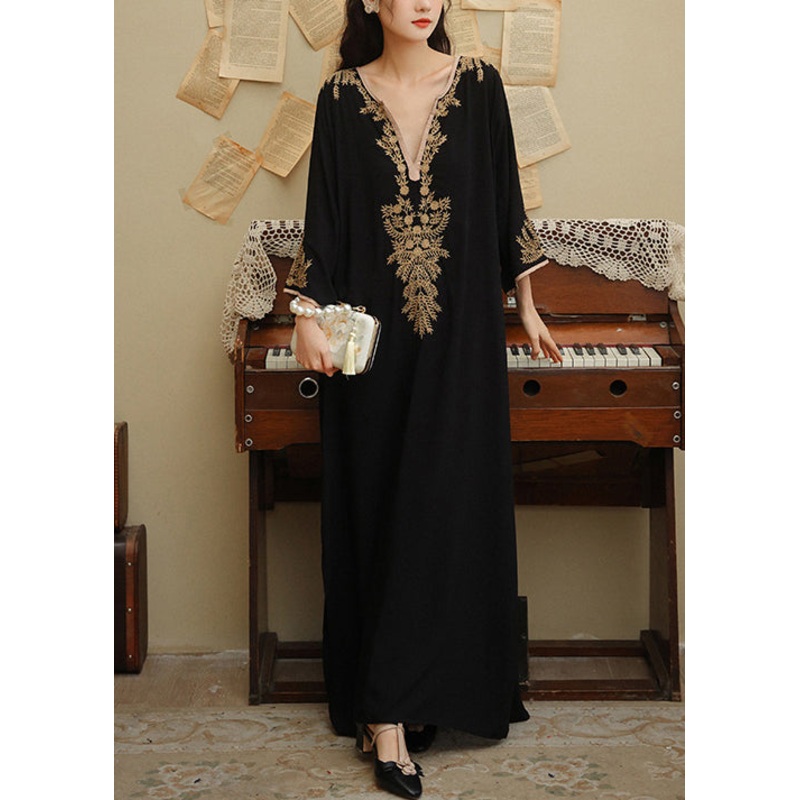 Bohemian Black V Neck Embroideried Side Open Cotton Long Dress Spring