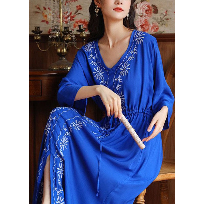 Bohemian Blue V Neck Embroideried Side Open Cotton Cinced Dresses Summer