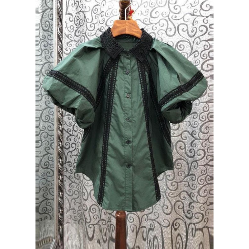 Bohemian Green Peter Pan Collar Hollow Out Patchwork Cotton Blouses Summer