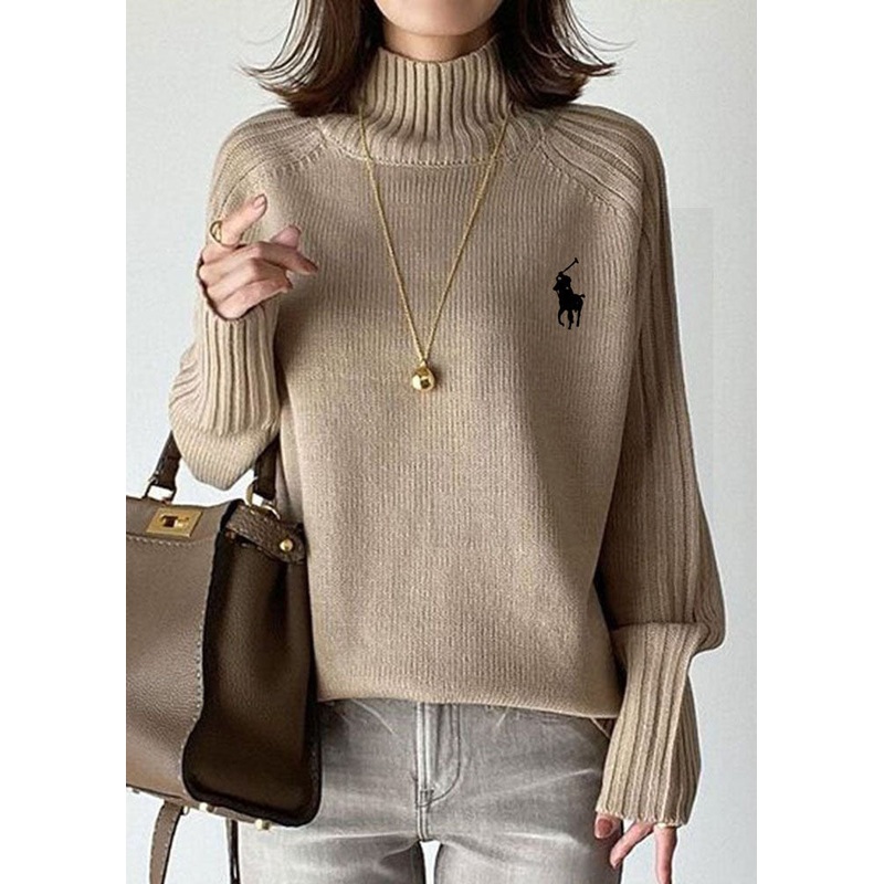 Bohemian Khaki Hign Neck Thick Patchwork Knit Sweater Spring
