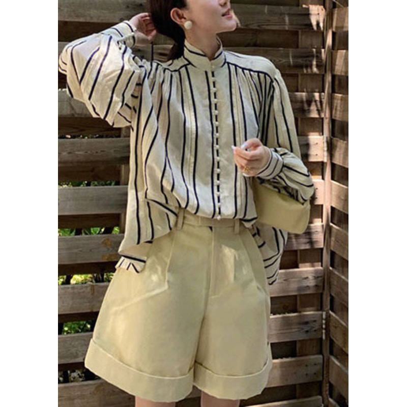 Bohemian Striped Stand Collar Cotton Shirts Tops Spring