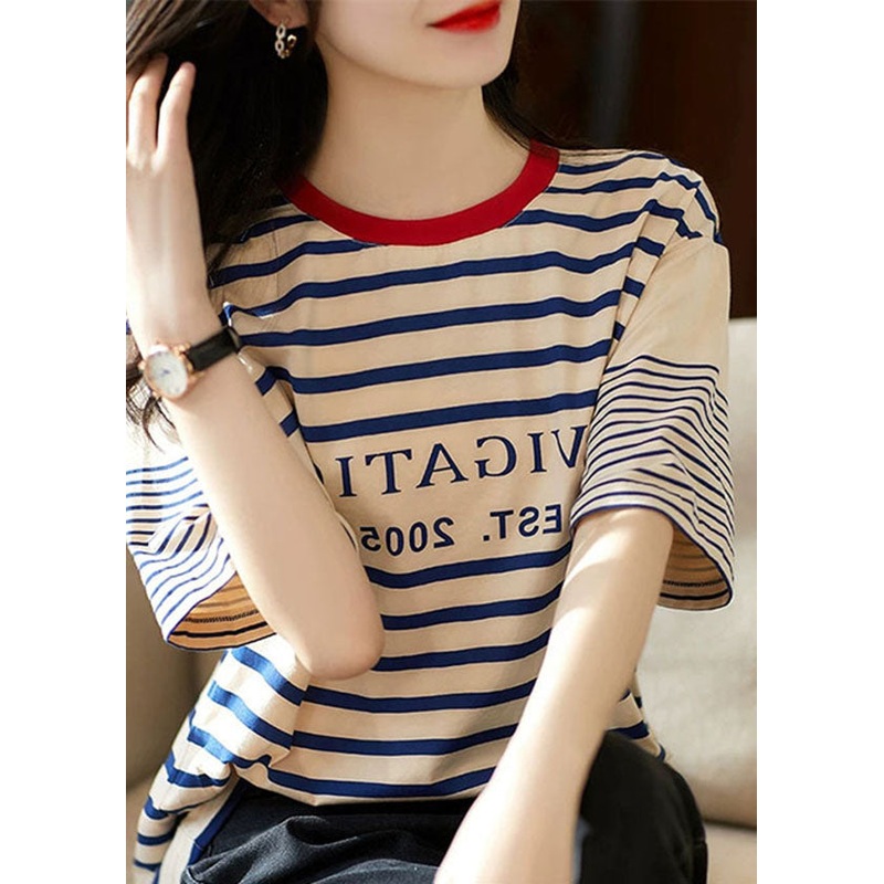 Boutique Apricot O Neck Striped Cotton T Shirt Summer