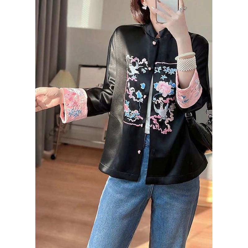 Boutique Black Stand Collar Embroideried Silk Jacket Spring