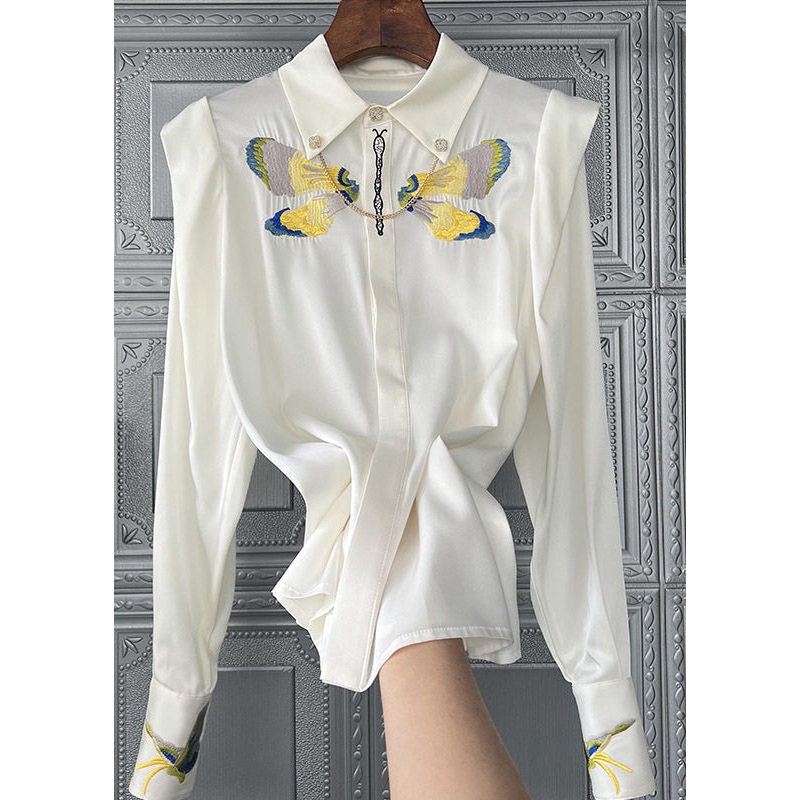 Boutique White Embroideried Patchwork Chain Silk Blouse Tops Spring