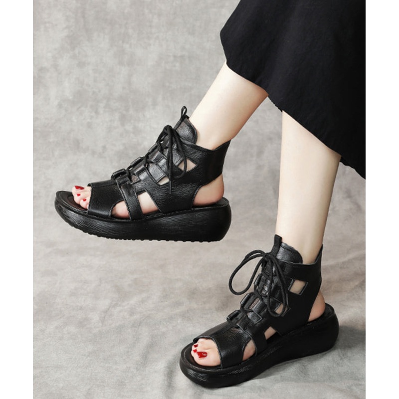Casual Black Cowhide Leather Peep Toe Lace Up Gladiator Wedge Sandals