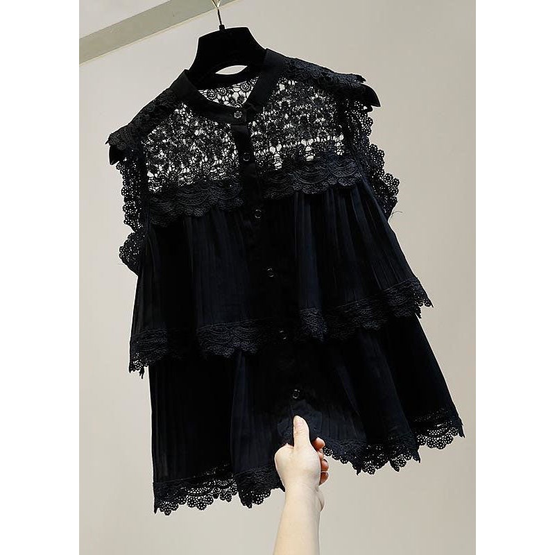 Casual Black Hollow Out Lace Patchwork Cotton Shirt Sleeveless