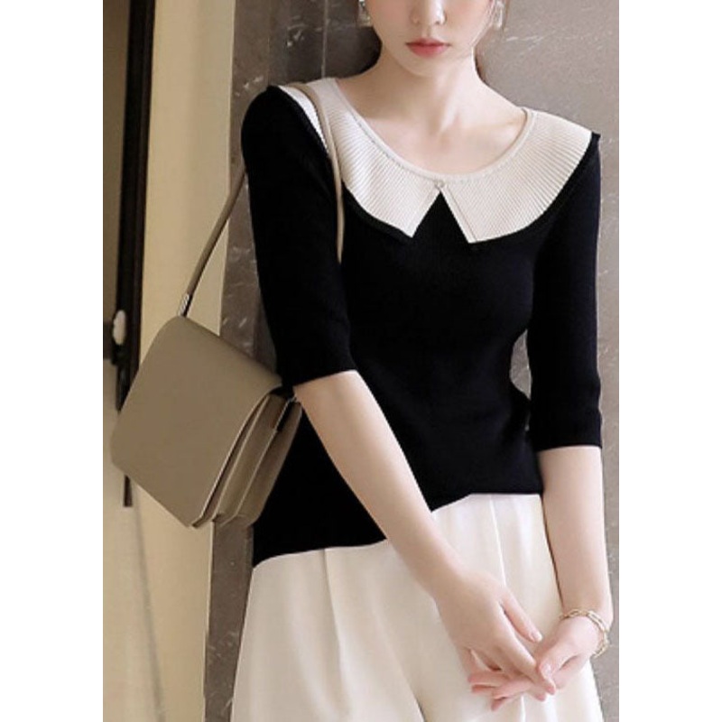 Casual Black Peter Pan Collar Patchwork Knit T Shirt Tops Summer