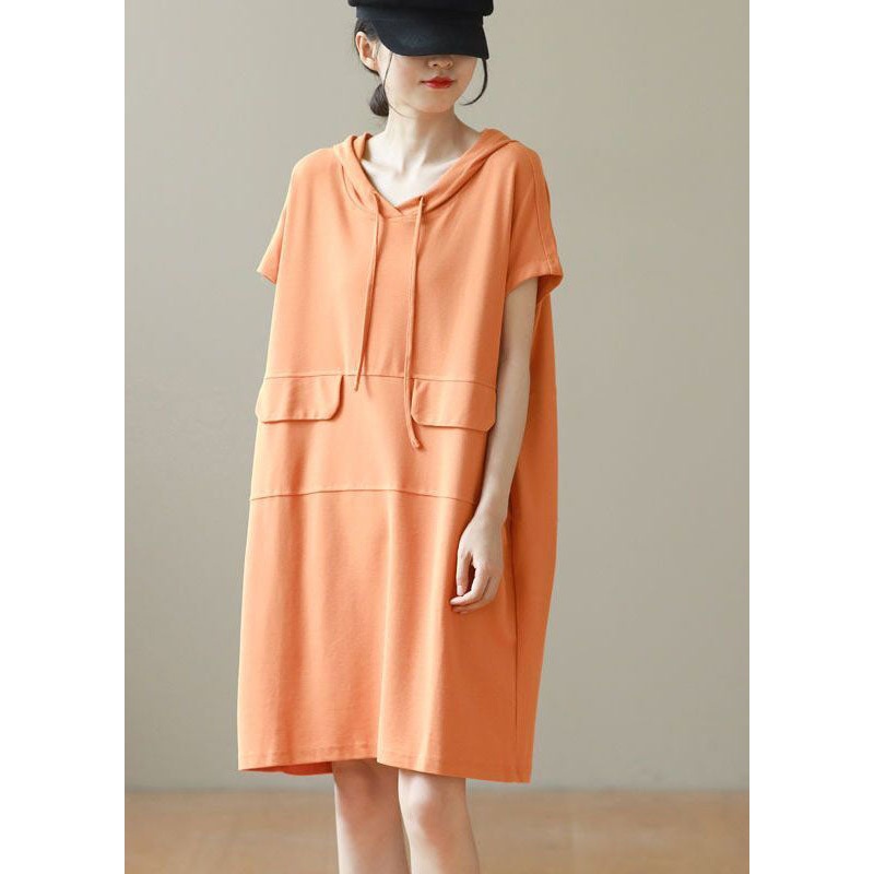Casual Orange Hooded Patchwork Cotton Pullover Streetwear Dress Summer