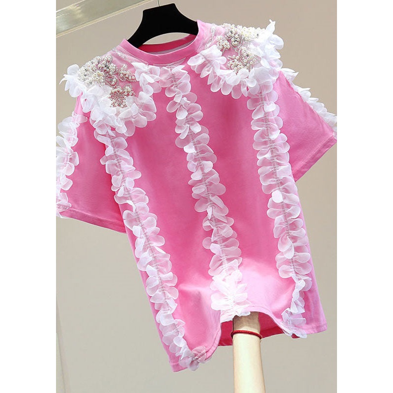 Casual Pink Floral Decorated Patchwork Cotton Top Summer