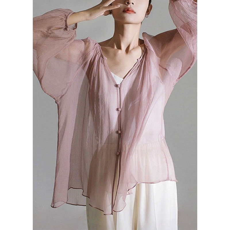 Casual Pink V Neck Patchwork Button Chiffon Blouse Top Spring