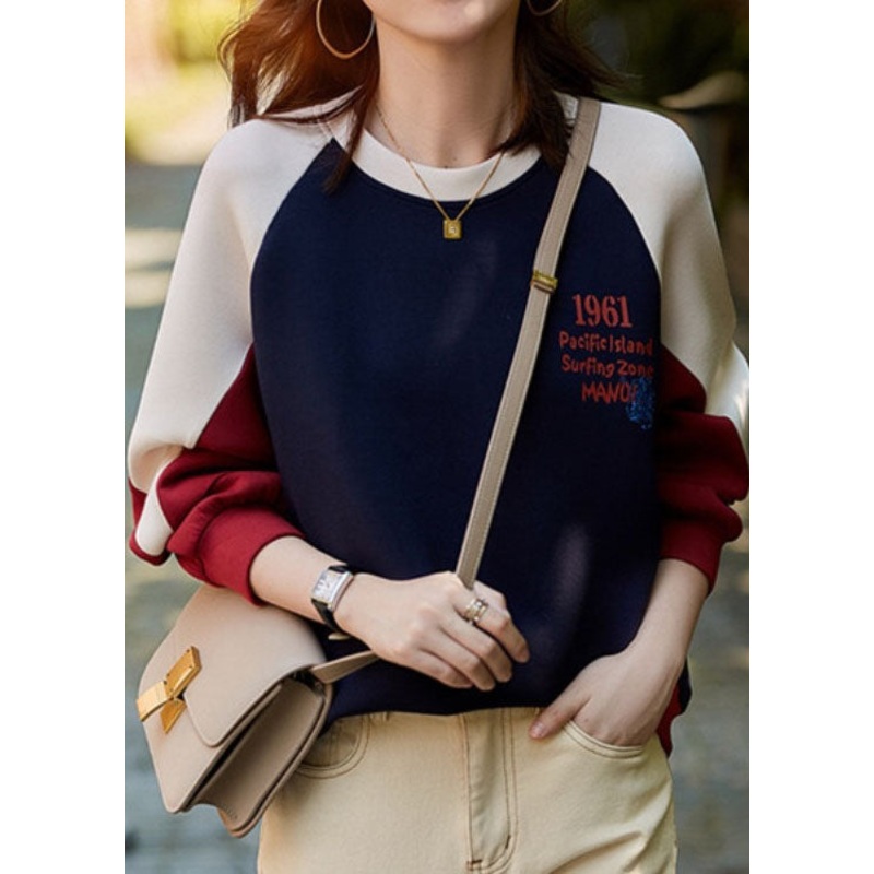 Casual Red O Neck Patchwork Letter Print Cotton Pullover Sweatshirt Spring
