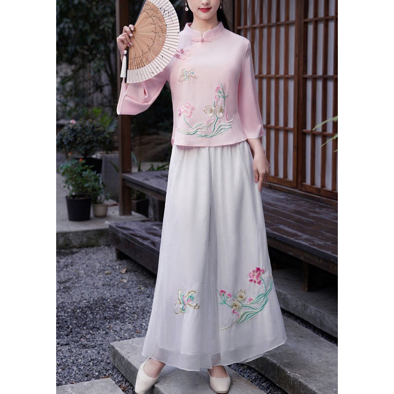 Casual White Elastic Waist Embroideried Chiffon Wide Leg Pants Spring