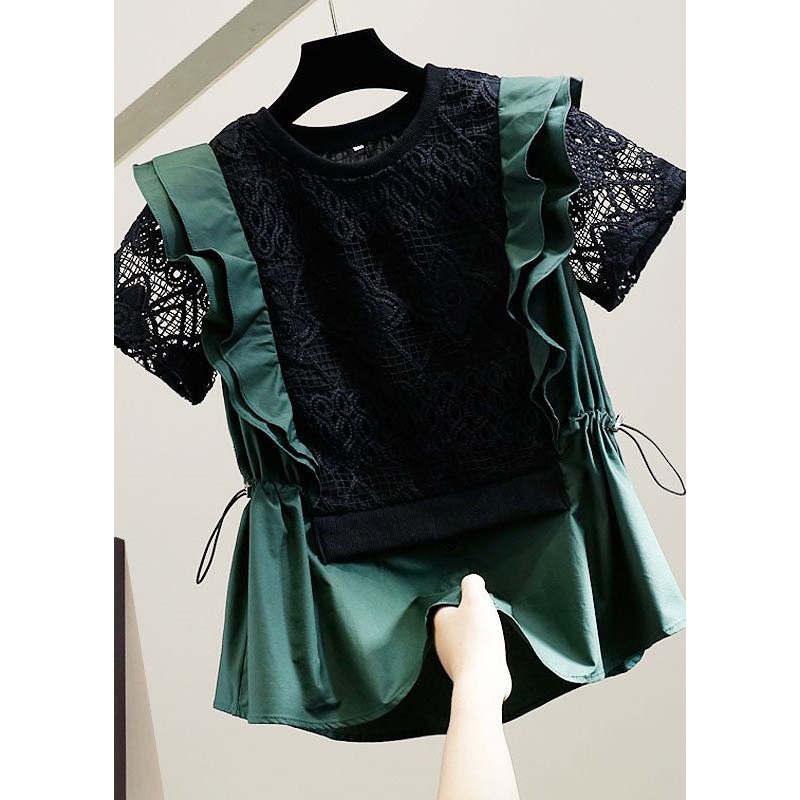 Chic Black O Neck Hollow Out Lace Patchwork Cotton Top Summer