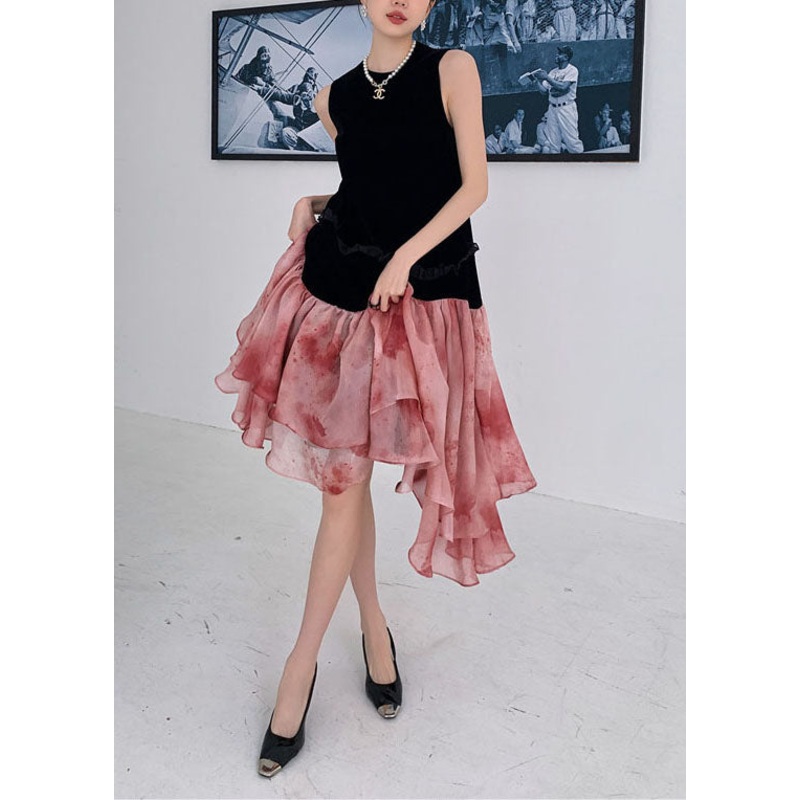Chic Colorblock Ruffled Patchwork Exra Large Hem Chiffon Mid Dress Sleeveless
