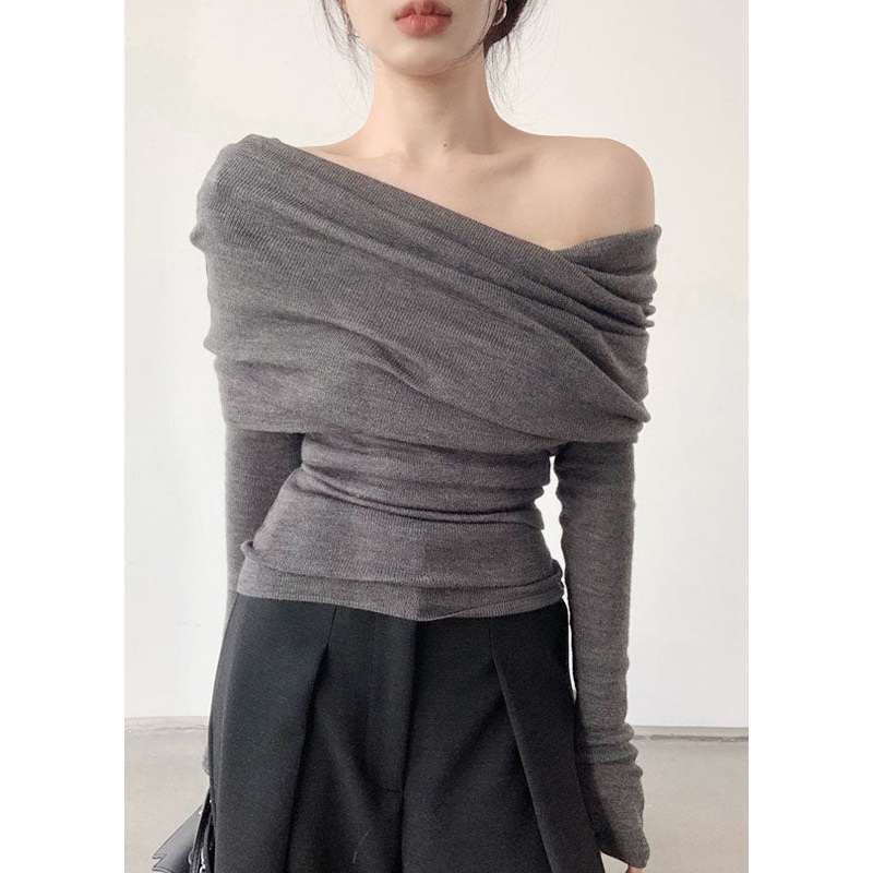 Chic Grey Slash Neck Patchwork Knit Tops Spring