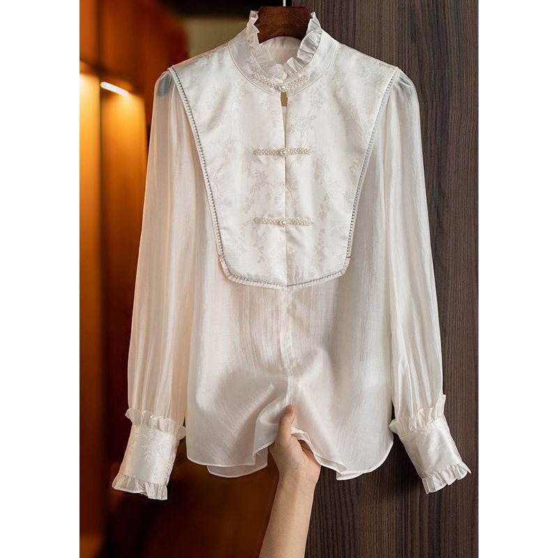 Chic White Stand Collar Ruffled Patchwork Oriental Button Silk Shirts Spring