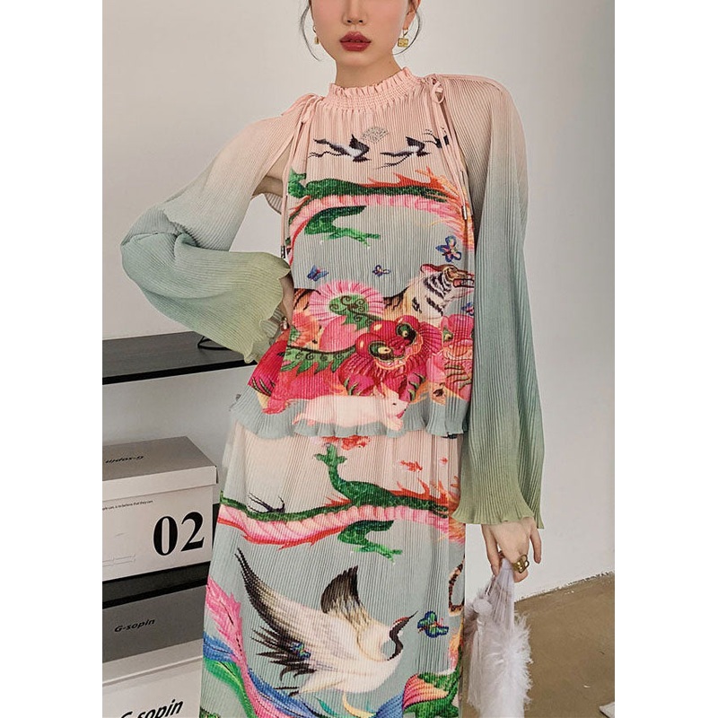 Chinese Style Colorblock Ruffled Tops And Skirts Silk Two Pieces Set Spring
