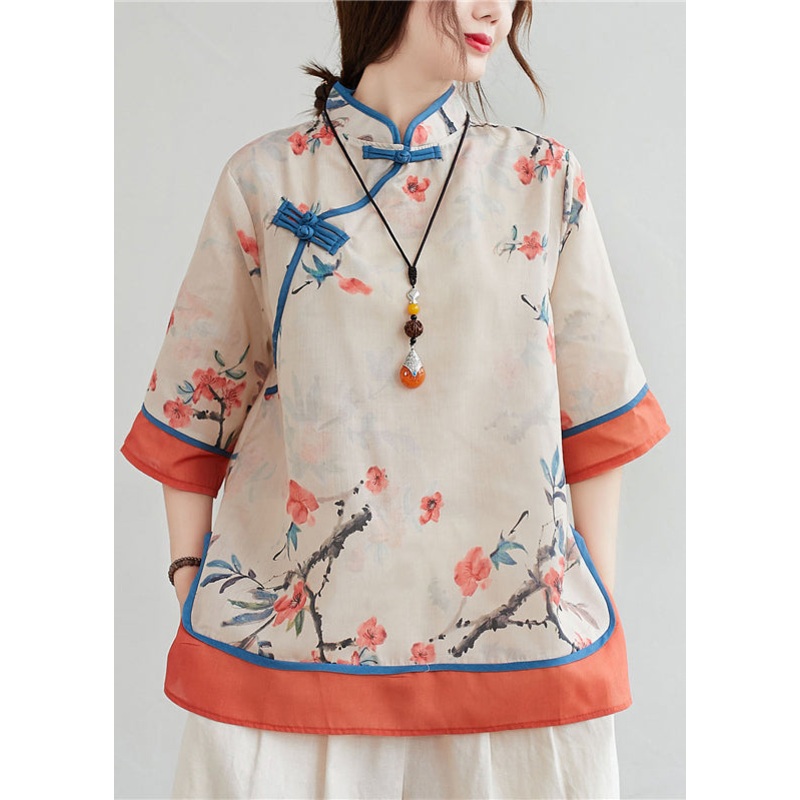 Chinese Style Orange Stand Collar Print Linen Blouse Top Half Sleeve