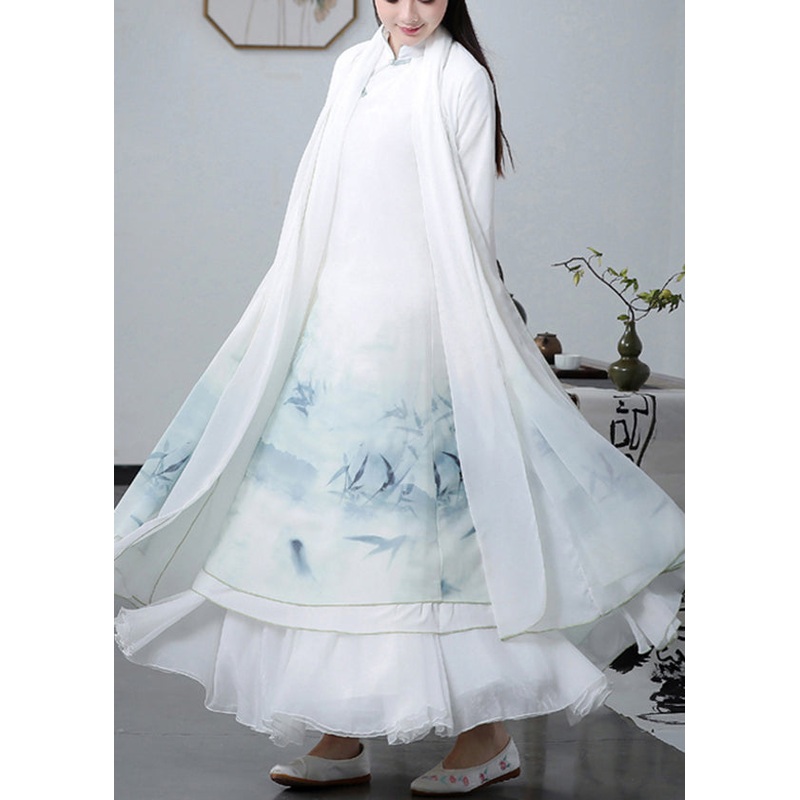 Chinese Style White Oversized Print Chiffon Dress Three Piece Set Spring