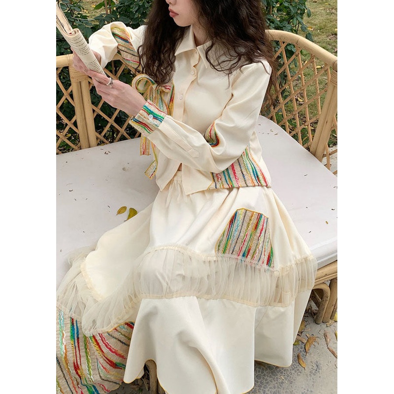 Classy Beige Peter Pan Collar Bow Tops And Skirts Cotton Two Pieces Set Spring