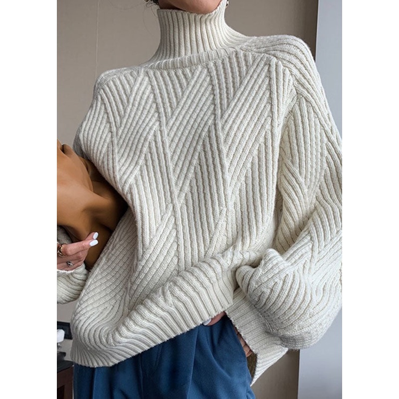 Cozy Beige Hign Neck Thick Patchwork Knit Sweaters Long Sleeve
