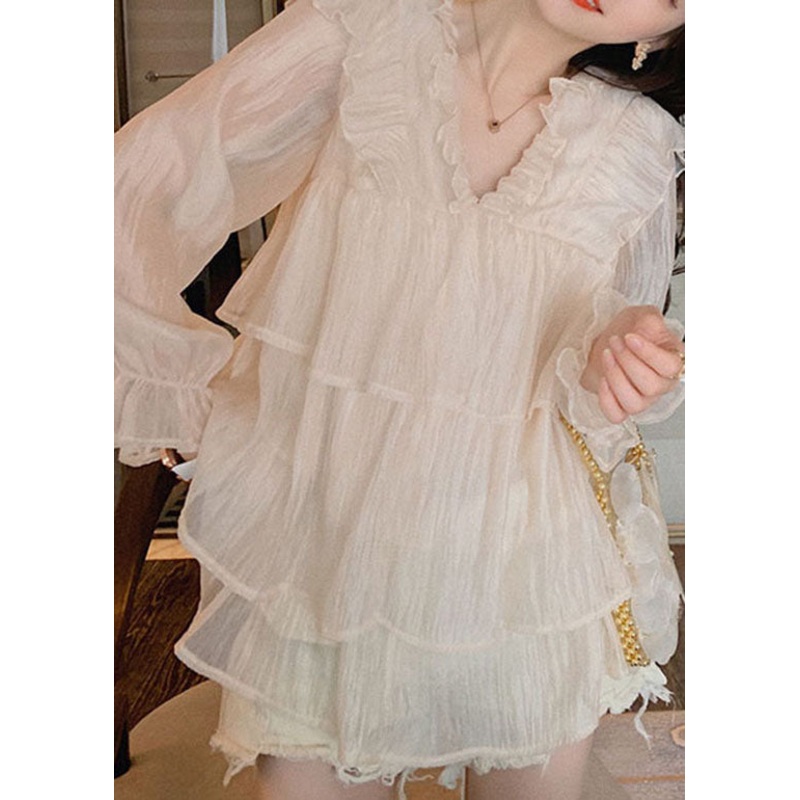 DIY Apricot V Neck Patchwork Ruffled Chiffon Top Spring