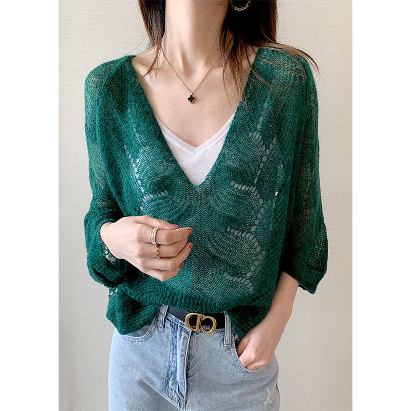 Diy Green V Neck Hollow Out Patchwork Knit Tops Spring
