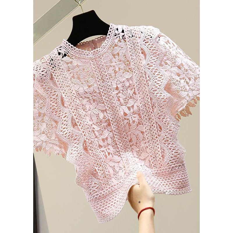 DIY Pink O Neck Hollow Out Patchwork Lace Shirt Summer