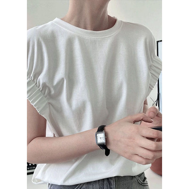 DIY White O Neck Wrinkled Cotton T Shirt Top Summer