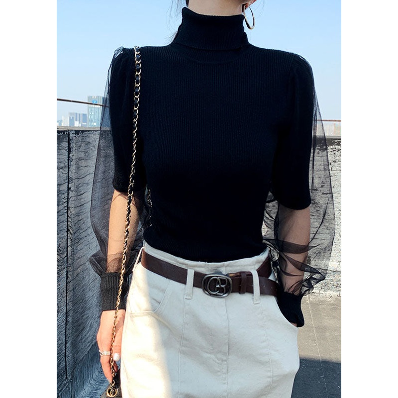 Elegant Hign Neck Tulle Patchwork Knitted Sweaters Lantern Sleeve