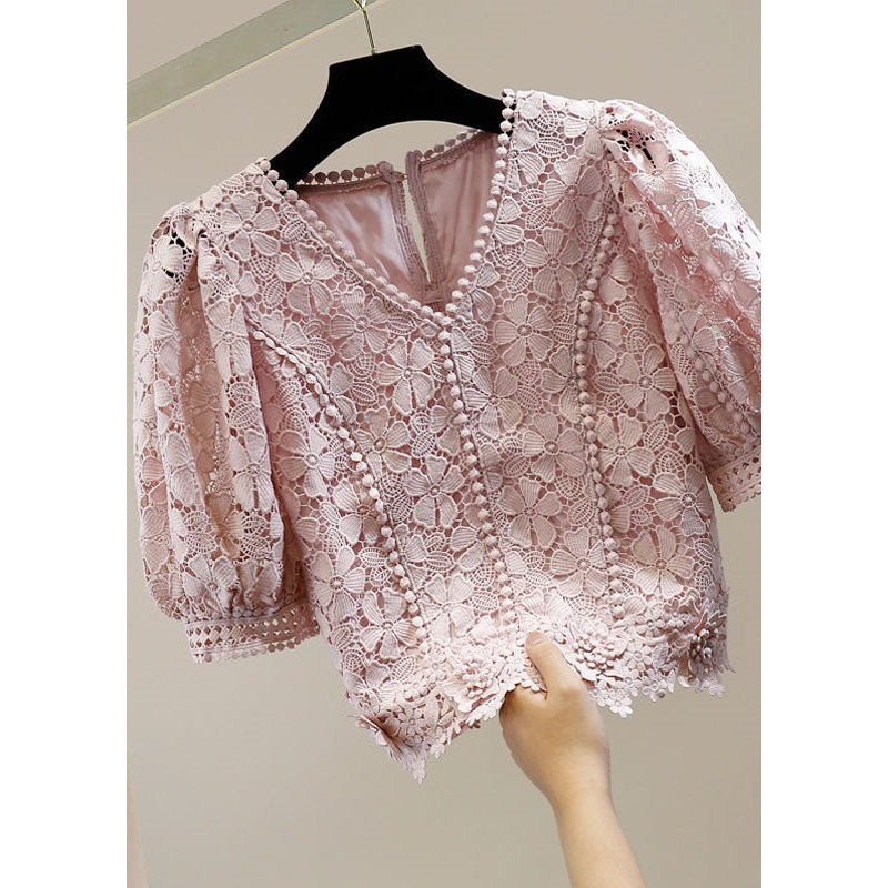 Elegant Pink V Neck Floral Decorated Patchwork Lace Blouses Summer