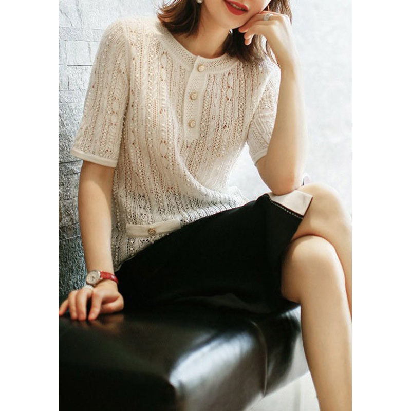 Elegant White Lace Hollow Out Patchwork Knit Shirts Short Sleeve