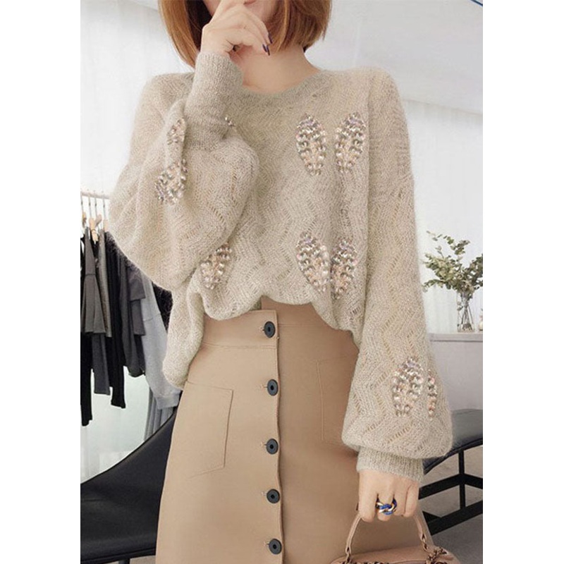 Fashion Apricot O Neck Patchwork Sequins Knit Tops Lantern Sleeve