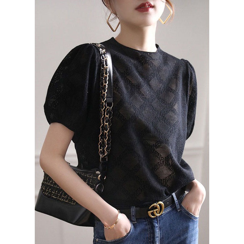 Fashion Black O-Neck Hollow Out Knit T Shirt Tops Summer
