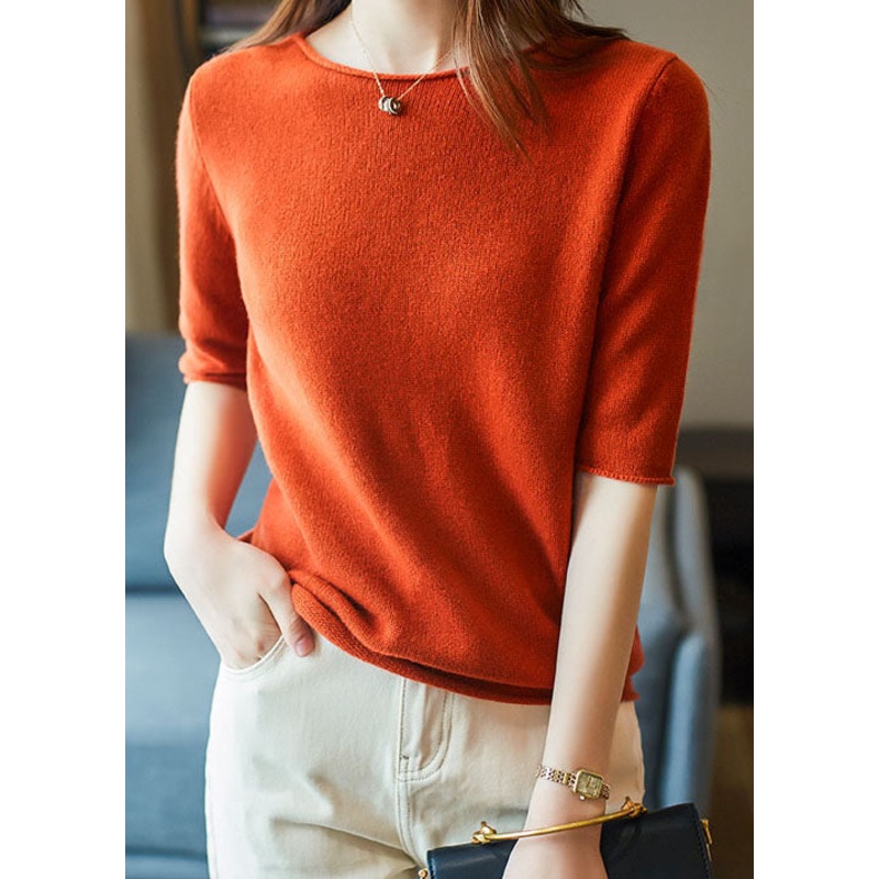 Fashion Orange O Neck Patchwork Cashmere Sweaters Half Sleeve