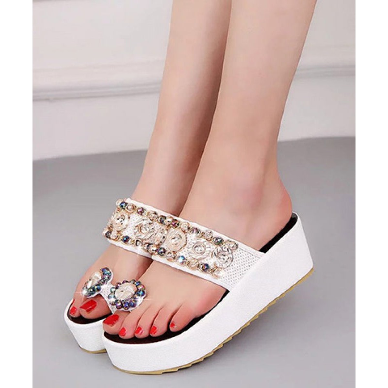 Fashion White Diamond Peep Toe Platform Slide Sandals