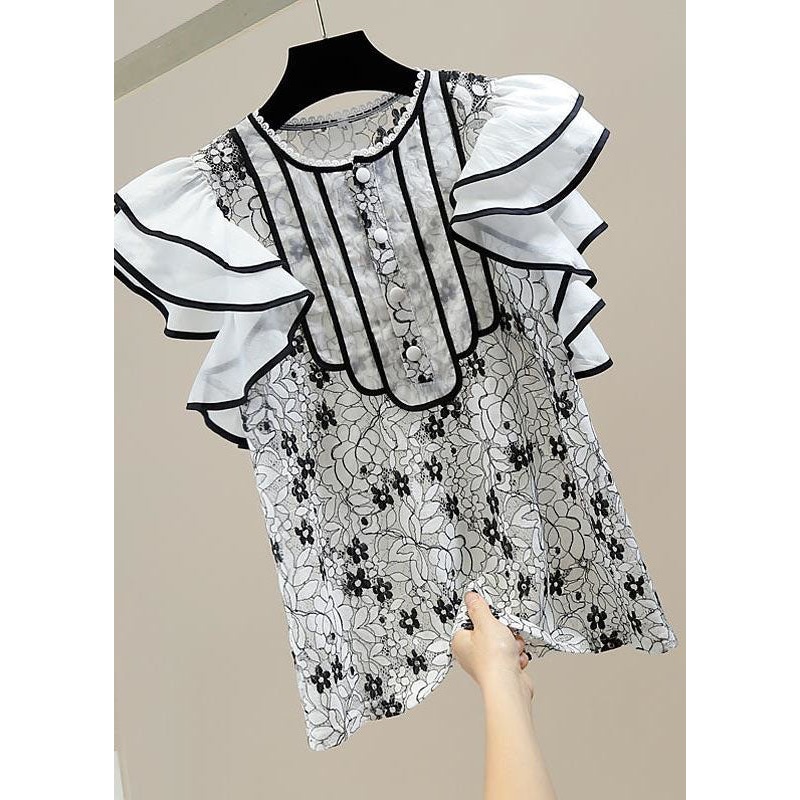 Fashion White Ruffled Patchwork Lace Shirt Tops Sleeveless