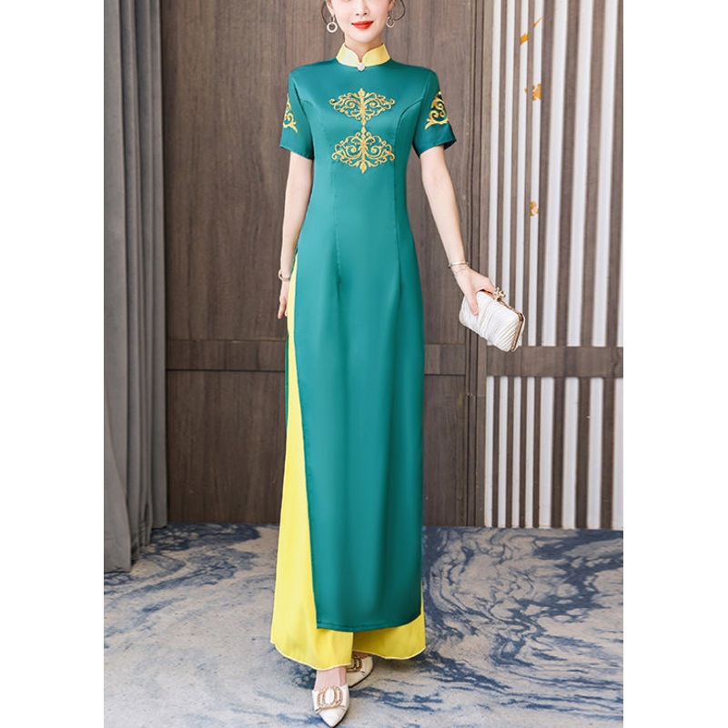 Fine Green Embroideried Slim Fit Side open Silk Dresses Vestidos Two Piece Set Short Sleeve